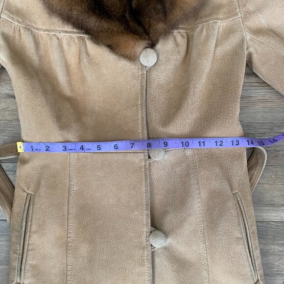 Vintage Sears Suede Real Fur Collar Belted Long Penny Lane Overcoat Trench Coat - Picture 12 of 16